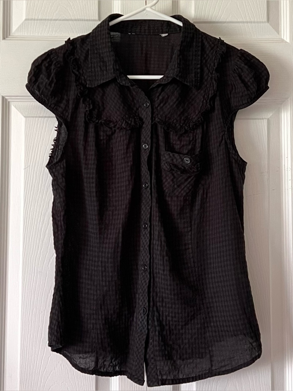 Gingham Print Cap Sleeve Button Up Blouse